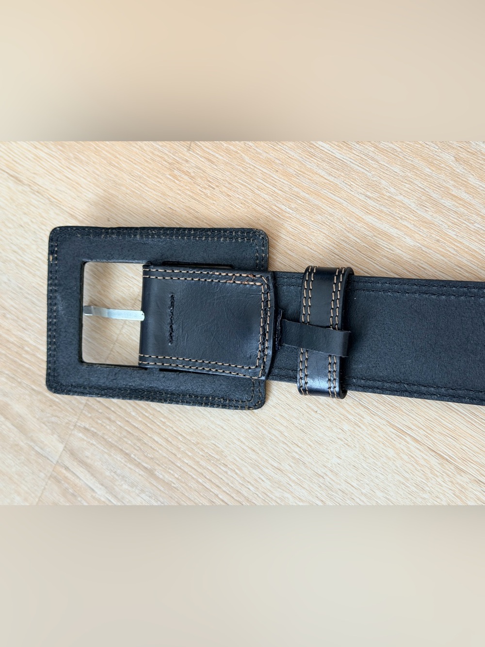 Vintage Y2K Banana Republic Italy Leather Belt Statement Large Buckle Stitch - Picture 4 of 10
